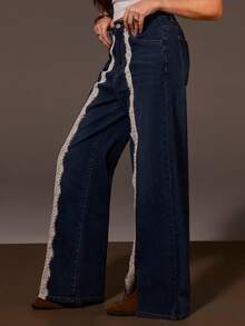 Athîral Women's High Waist Contrast Lace Pocket Wide Leg Loose Jeans - Blue - View 1