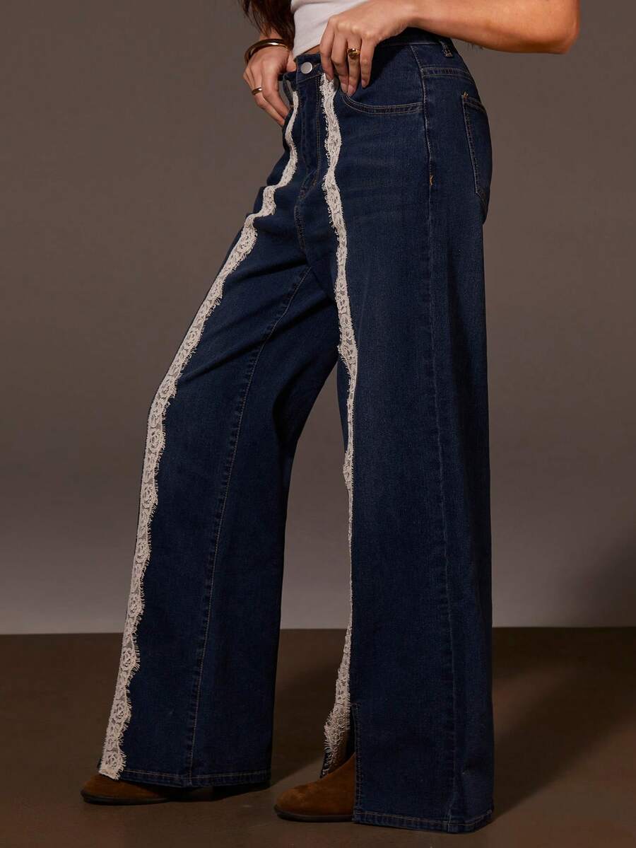 Athîral Women's High Waist Contrast Lace Pocket Wide Leg Loose Jeans - Blue - View 1