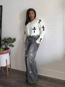 Tyla Gomez 复古性感修身洗水钻缀饰阔腿牛仔裤 牛仔裤 闪光牛仔裤 水钻牛仔裤 - 灰色 - 查看 3