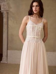 MOTF PREMIUM WOMEN'S SUMMER ROMANTIC CONTRAST LACE MESH UMBRELLA HEM LONG STRAP DRESS - Apricot - View 4