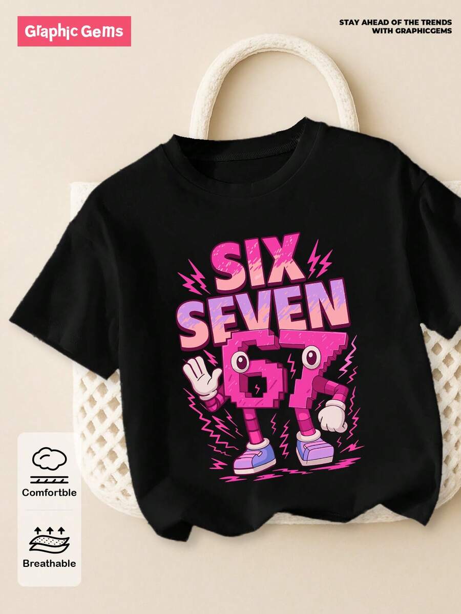 SHEIN GraphicGems Girls Casual Minimalist "67" Graphic Print Short Sleeve Round Neck T-Shirt, Suitable For Outings, Black Short Sleeve Top "Six Seven" Top, Suitable For Summer And All Seasons - Black - View 1