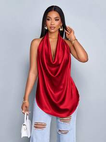 SOLERSUN Áo vest dệt vải dệt kim cổ chữ V sâu màu mơ bóng dành cho nữ mùa xuân và mùa hè, áo vest hở lưng, cổ bẻ, viền cong - Đỏ - Xem 5