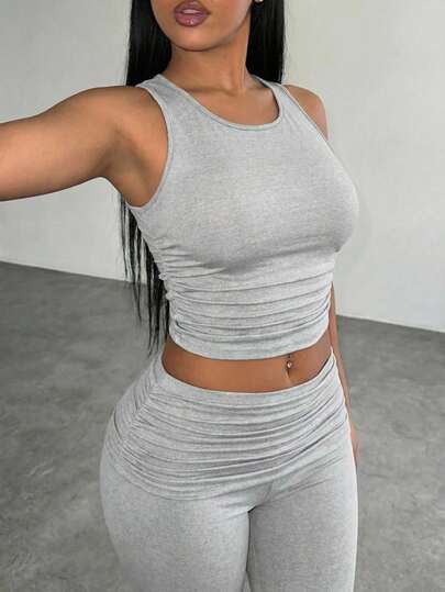 Slaydiva Ny Vår/Sommar Musikfestival Alla hjärtans dag och påsk Casual Enkel Grundläggande stil Y2K Gata Söt Bästsäljare Daglig Dejt Het tjejstil Sexig Sportig stil Tillbaka till skolan Rund hals Sidoveckad Ärmlös Kort etikettlinne + Sidoveckad midja Sidoveckade 18 cm byxor Grått set Damset med två delar -A