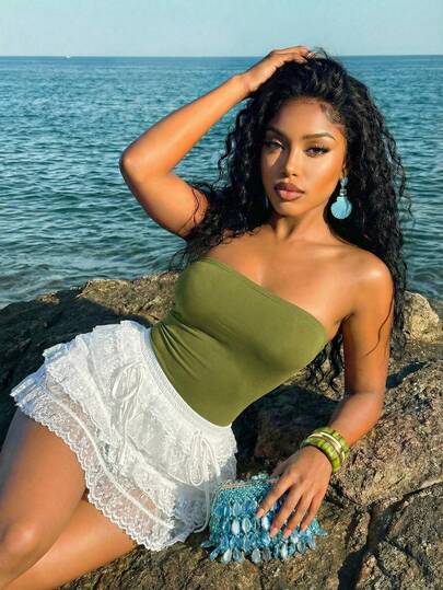 Slaydiva Green Off-The-Shoulder One-Piece Top Green Swimsuit For Women Vacation Outfits Women New Early Spring, Spring And Summer Music Festival, Valentine's Day, Easter Casual And Simple Basic Style Y2K Street Sweet Bestseller, Daily Date, Spicy Girl Style, Sexy Sporty Style, Back-To-School Season, Arc Neck, Strapless, Sleeveless, Slim, Light Green Jumpsuit, Women's Jumpsuit -A