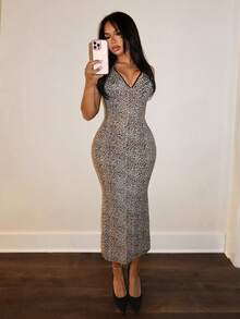 Slaydiva Sexy Leopard Print Lace Trim Neckline Mermaid Bodycon Cami Long Dress - Multicolor - View 1