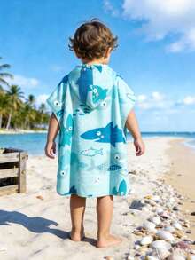 婴幼儿男童蓝色卡通鲨鱼印花连帽浴巾，V领斗篷，泳装罩衫，沙滩披肩，沐浴游泳必备品 - 薄荷綠 - 查看 2