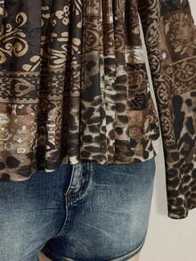 SHEIN ICON 大码女式波西米亚风佩斯利豹纹棕色T恤 - 彩色 - 查看 9
