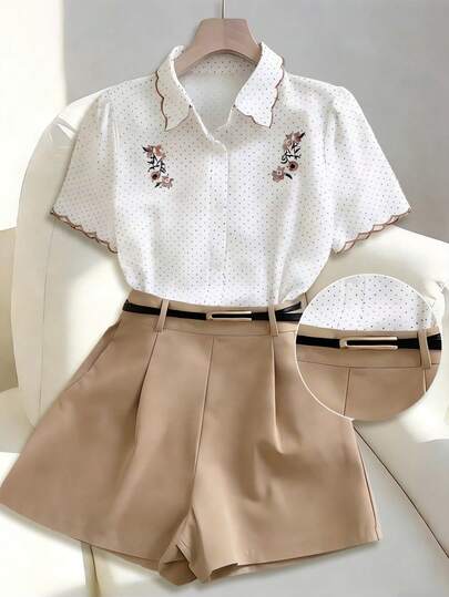 SHEIN Franclia Casual Blazer Short Sleeve Polka Dot Embroidery Blouse Shirt With Brown Belt Decorated Shorts Wide Leg Pants Women's Ladies Spring Summer Two-Piece Suit, Teacher Urban Commuter Two-Piece Suit, Date Two-Piece Suit, Vacation Two-Piece Suit, Floral Two-Piece Suit, Elegant Lady Two-Piece Suit Ladies Short Pants Suit 2026 Summer Women's Spring And Summer Fashion Commuter Suit Ladies Spring And Summer Two-Piece Suit, Shirt Two-Piece Suit, Polka Dot Shirt Two-Piece Suit Cute Blouses Shirt And Shorts Se