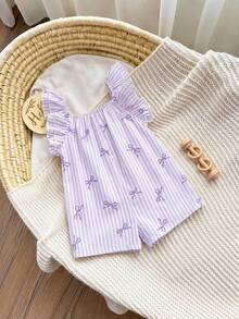 Baby Girl Summer Cute Light Purple & White Striped Bow Ruffle Trim Romper - Mauve Purple - View 6