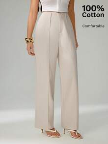 SHEIN Tall 夏季女士浅米色100%纯棉休闲优雅西装裤 - 卡其色 - 查看 4