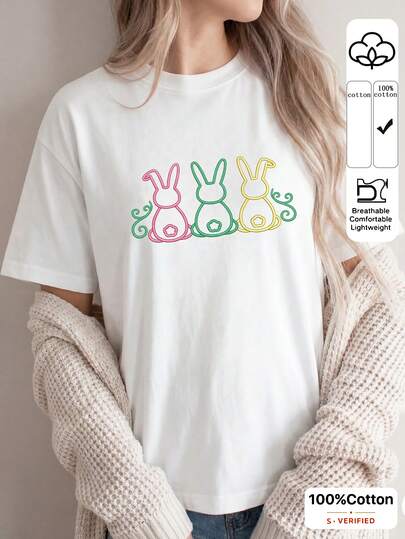 Elaire Anewsta White Round Neck Casual Short Sleeve T-Shirt, Suitable For Spring To Summer Holiday Bunny Shirt Cute Graphic Tees