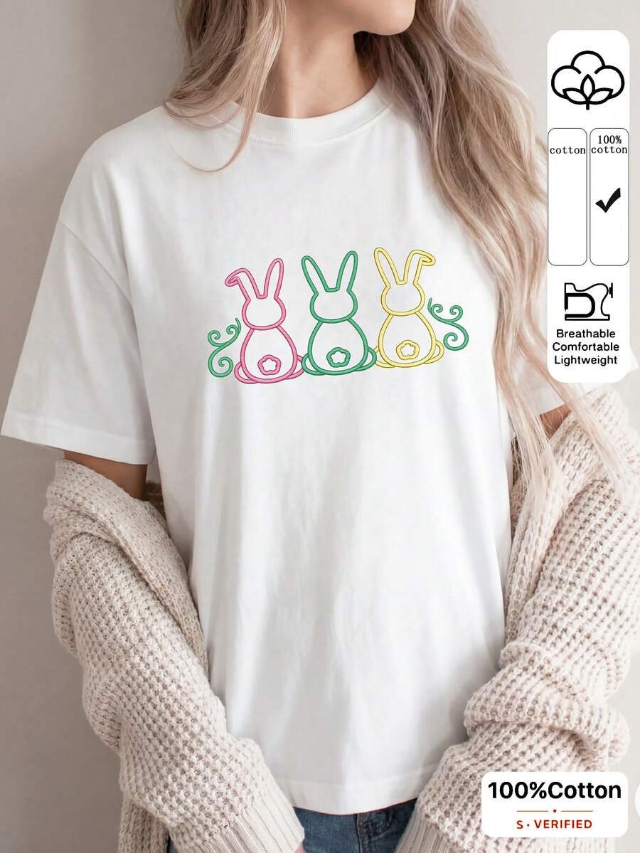 Elaire Anewsta White Round Neck Casual Short Sleeve T-Shirt, Suitable For Spring To Summer Holiday Bunny Shirt Cute Graphic Tees - White - View 1