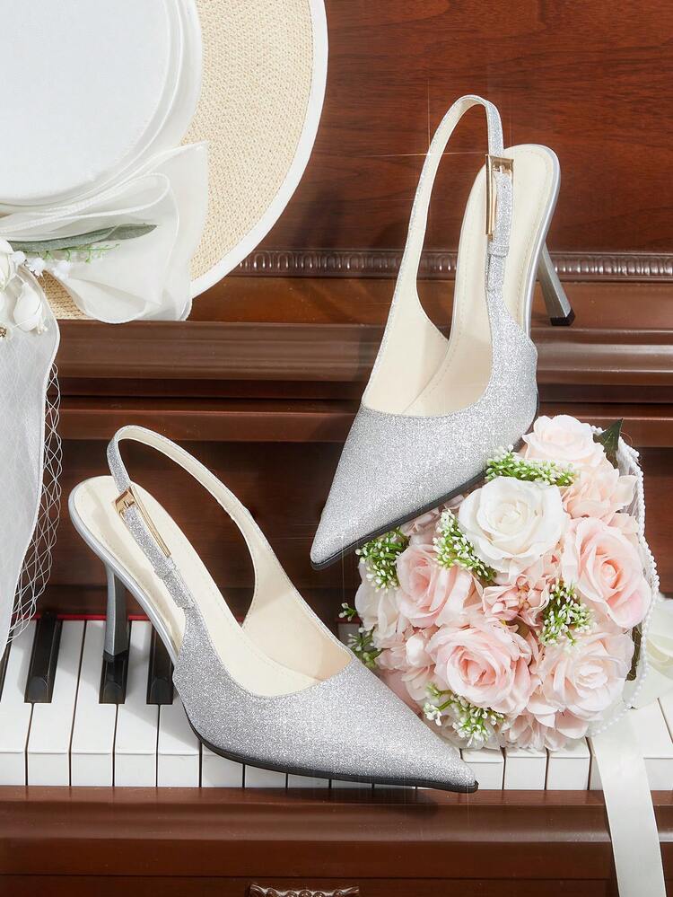 CUCCOO HITCHD Women Shoes Silver Sequined Pointed, Stiletto Metal Buckle, Sparkling Dinner Party Commuter Versatile Temperament Shoes Wedding Shoes Spring Shoes Bride Shoes