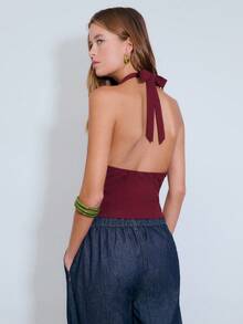 Nöista Top halter de cuadros burdeos con escote en V profundo y cierre delantero con botones. Se ata en el cuello. Ideal para primavera, verano, Pascua y días festivos. - Burdeos - Ver 2