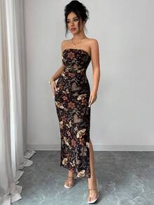 Rafferiza 女士优雅褶皱扎染网纱印花收腰无肩带派对开衩连衣裙 - 黑色 - 查看 6