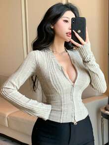 DAZY 女士条纹纯色拼接长袖T恤，适合春季、夏季、秋季、音乐节、情人节、休闲、户外、度假等场合穿着。 - 灰色 - 查看 5