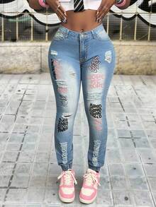 Slaydiva Vaqueros pitillo con estampado en inglés y efecto desgastado lavado de moda y versátil - Azul - Ver 1