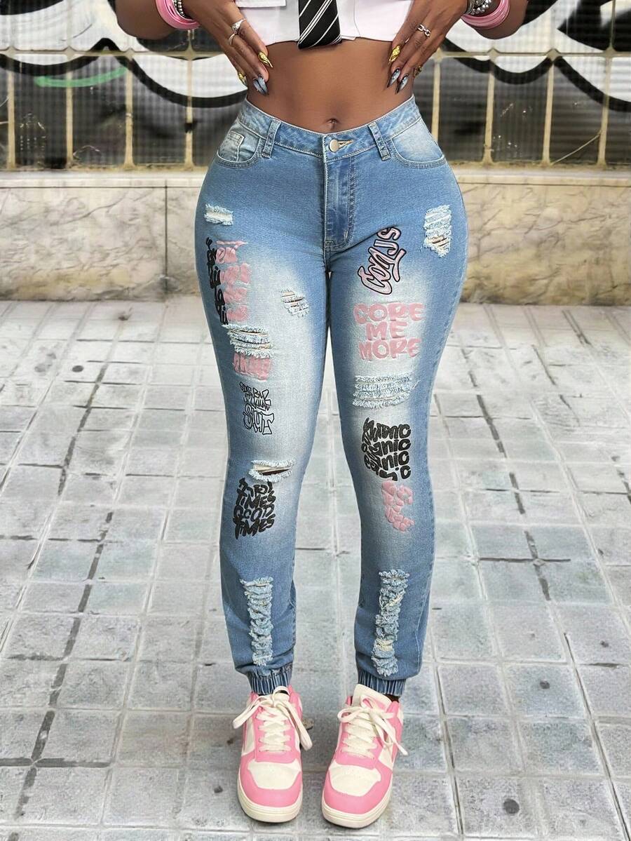 Slaydiva Vaqueros pitillo con estampado en inglés y efecto desgastado lavado de moda y versátil - Azul - Ver 1