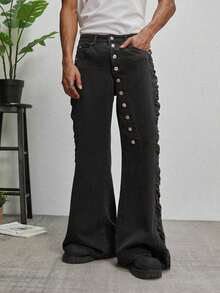 GALLERY FADE Men's Button Front Pocket Wide Leg Loose Fit Jeans - Dark Grey - View 1