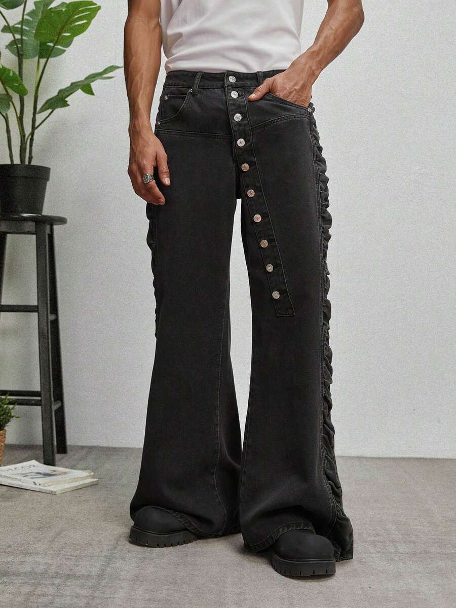 GALLERY FADE Men's Button Front Pocket Wide Leg Loose Fit Jeans - Dark Grey - View 1