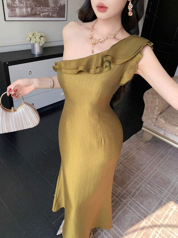 Women's Elegant Oblique Shoulder Ruffle Hem Bodycon Dress, Suitable For Spring/Summer, Weddings, Parties, Formal Events, Fashion Cocktail Gown