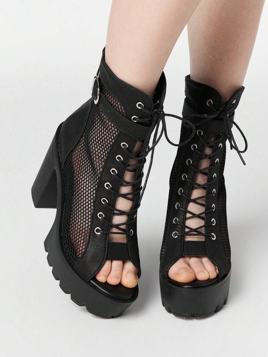 ROMWE Women Heeled Sandals~ 2026 New Fashion Spring And Summer High Heel Thick Heel Peep Toe Cool Boots Hollow Mesh Ankle Boots Buckle Front Lace-Up Jazz Dance High Heels Women's Sandals - Black - View 1
