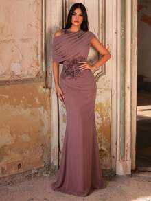 Aureia Women's Elegant Gray-Pink Chiffon Fabric Round Neck Sheer Long Sleeve Ruched Sequin Applique Micro-Mermaid Hem Dress, Suitable For Mother Of The Bride Weddings, Events, Parties, Formal Occasions Mauve Formal Dress Evening Gown Mother Of Groom Dress Mother Of The Bride Dresses Elegant Dress Dress Elegant Evening Dress - Rust Brown - View 3