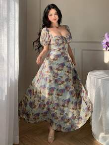 DAZY Women's Floral Pattern Sweetheart Neck Petal Sleeve Elegant Dress - Multicolor - View 7