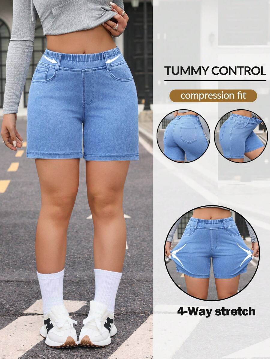 Flexra Women's Elastic Waist Pocket Casual Versatile Denim Shorts - Blue - View 1