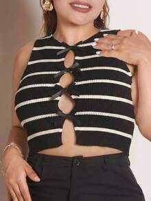 Lupita Cardoza 女士蝴蝶结装饰条纹无袖休闲针织上衣 - 黑色 - 查看 5