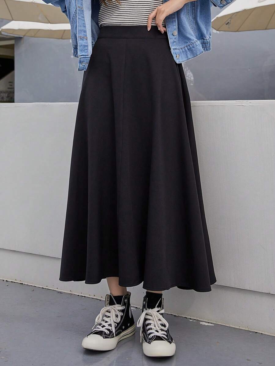 DAZY Solid Long Flare Skirt,Ruffle Fall - Black - View 1