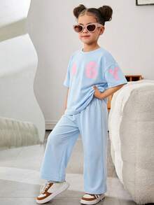 SHEIN Bộ đồ thể thao thường ngày cho mẹ và con gái, gồm áo thun tay rớt và quần dài, thích hợp cho mùa hè, thích hợp cho đi bộ/thể thao/đi học và mặc thường ngày, tuyệt vời cho mặc thường nhật và đi học vào mùa xuân và mùa thu, thích hợp cho mẹ và con gái, chị em gái và tôi. - Màu xanh lam - Xem 2