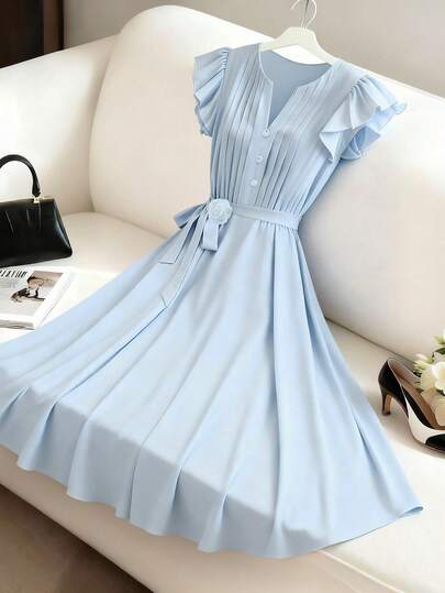 GlowEve Women's Solid Color Ruffle Sleeve Belted Dress With 3D Floral Decor, A-Line Silhouette, Elegant For Daily Commute, Fashion, Vacation, Valentine's Day, Date, French Street Style, Retro Versatile, Party, Early Spring/Spring-Summer, Flare Sleeve, Light Blue, New, Mid-Length