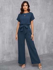 SHEIN Clasi Bộ jumpsuit dài nữ màu xanh dương thanh lịch, cổ tròn, hai lớp vải cotton nhăn, thắt eo, thích hợp cho kỳ nghỉ hè, hẹn hò, đi làm và du lịch. - Màu xanh lam - Xem 7