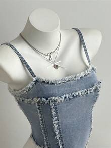 Elamini 女士毛边吊带上衣和迷你裙牛仔套装 - 淺色水洗藍 - 查看 3