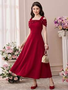 Đầm dài dáng chữ A ôm eo, đính nơ và hạt cườm cho thiếu nữ, màu đỏ tía. - Màu Đỏ Sâu - Xem 8
