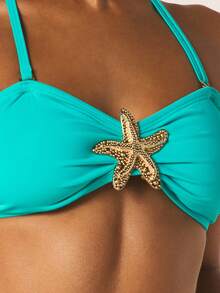 MISSGUIDED Turquoise Starfish Embellished Halter Bikini Top With Sweetheart Neckline And Adjustable Straps For Beach Vacation Summer Swimming - Teal Blue - View 5