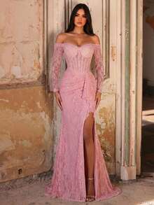 Glamrae 优雅奢华弹力蕾丝褶皱花卉荷叶边下摆性感开衩鱼尾连衣裙，露肩薄纱袖，适合婚礼、派对、度假、正式场合 - 粉色 - 查看 9