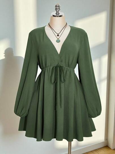 SHEIN ICON Vestido con cuello en V verde, mangas farol y cintura con lazo para mujer de talla grande