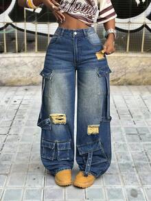 Slaydiva 女士高腰宽松工装口袋破洞阔腿牛仔裤 - 藍色 - 查看 1