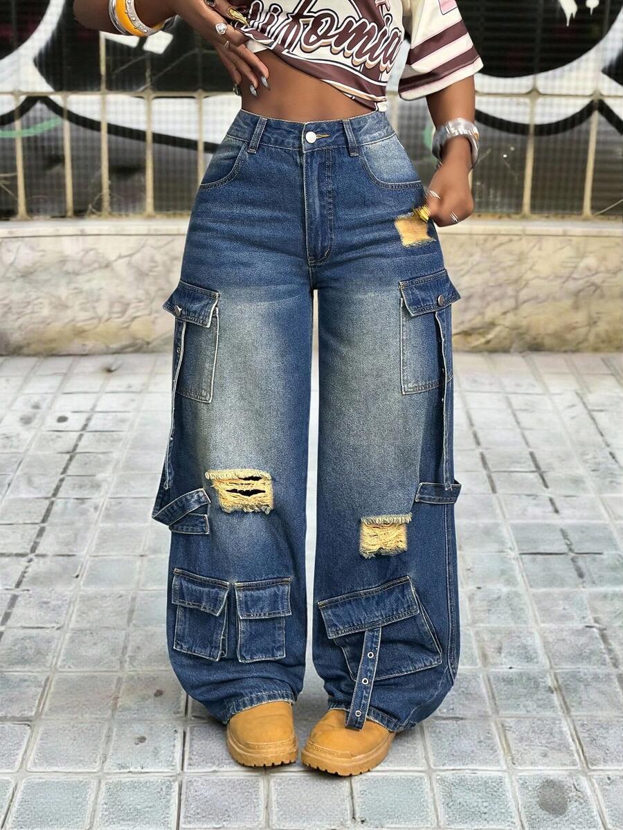 Slaydiva 女士高腰宽松工装口袋破洞阔腿牛仔裤 - 藍色 - 查看 1