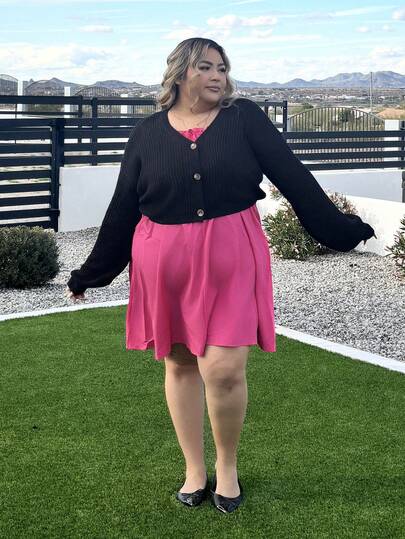 Enliva Cárdigan negro de punto acanalado con mangas farol y botones delanteros para mujer de talla grande, blusas de manga larga, otoño, invierno, vuelta al colegio, cálido