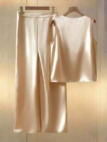 Lyxana 女士圆领珍珠装饰无袖休闲背心和高腰宽松阔腿直筒裤缎面两件套，日常穿着 - 彩色 - 查看 2