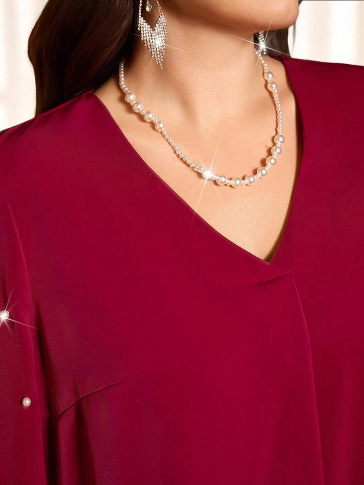 Plus Size Women's Solid Color V-Neck Faux Pearl Decor Lantern Sleeve Elegant Blouse Red Top Christmas New Year Elegant Blouses For Women Autumn Winter Cozy Fall And Winter