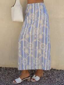 Livesso Textured Hollow Blue Floral & Geometric Print Bohemian Casual Vacation Beach Waisted Elegant Commuter Denim Skirt For Women, Spring & Summer - Mint Blue - View 6