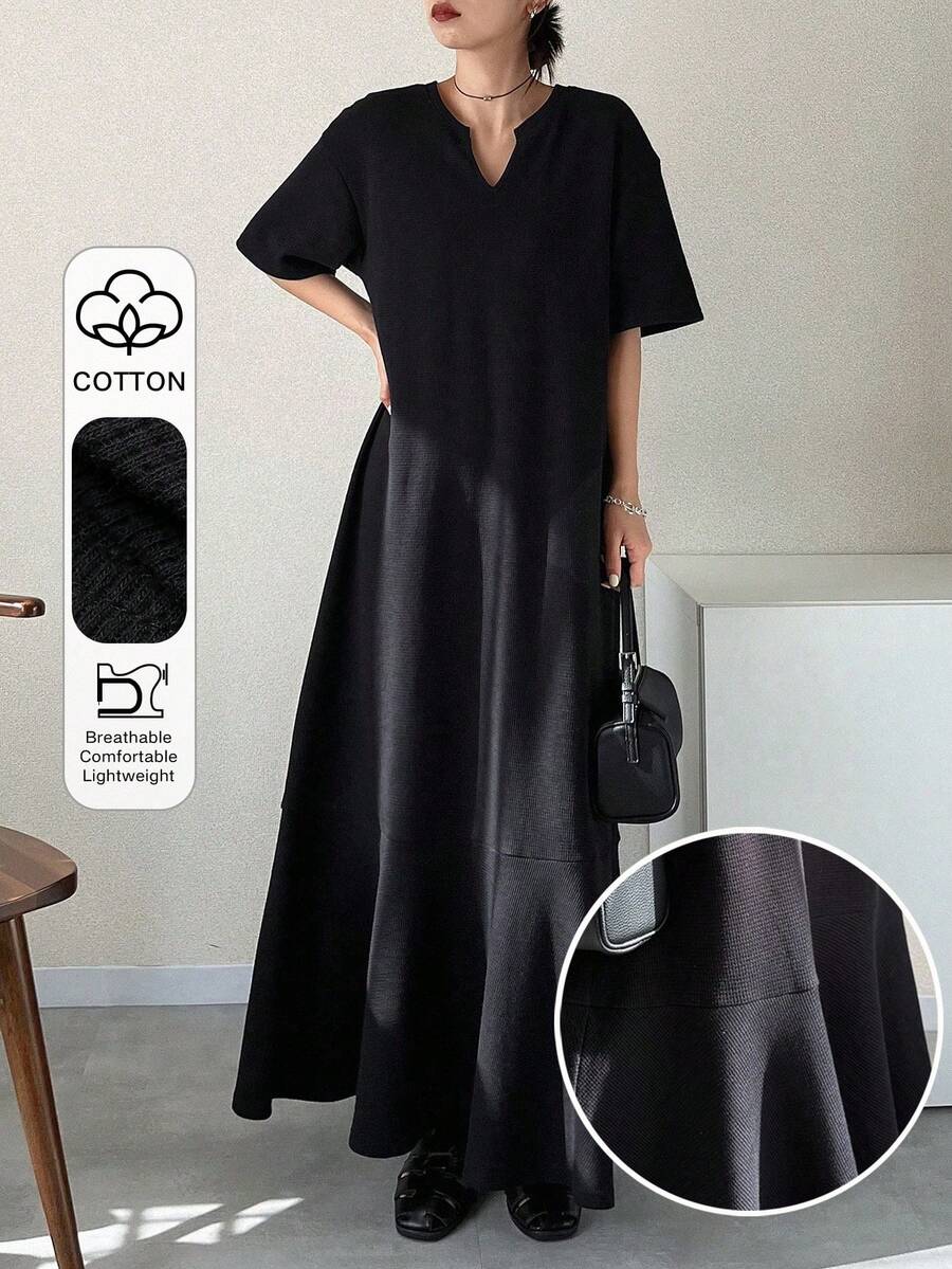 FRIFUL Women's Solid Black V-Neck Short Sleeve Loose Casual Dress - Black - View 1