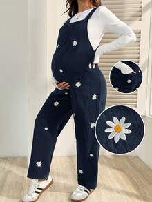 SHEIN Maternity Casual Commuter Daisy Embroidered Jumpsuit - Royal Blue - View 1