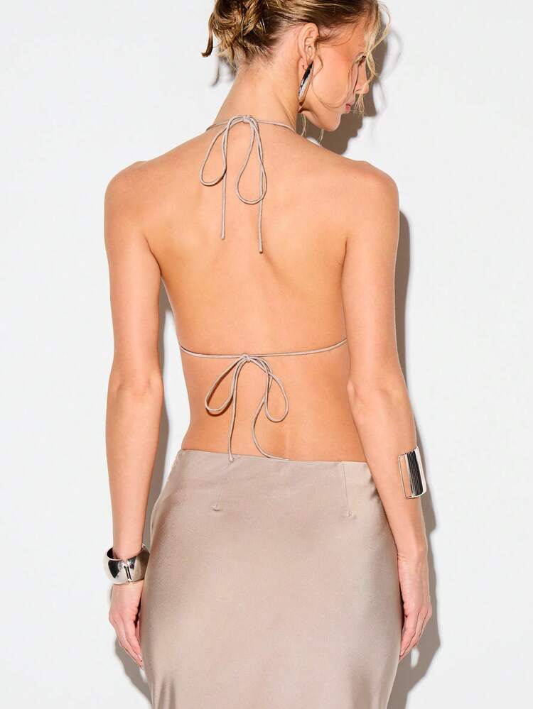 KIZN Damen Satin Neckholder Drapierte Bluse mit Knoten und Rückenbindung für Abendpartys, Dates und festliche Anlässe, luxuriöse ärmellose Bluse