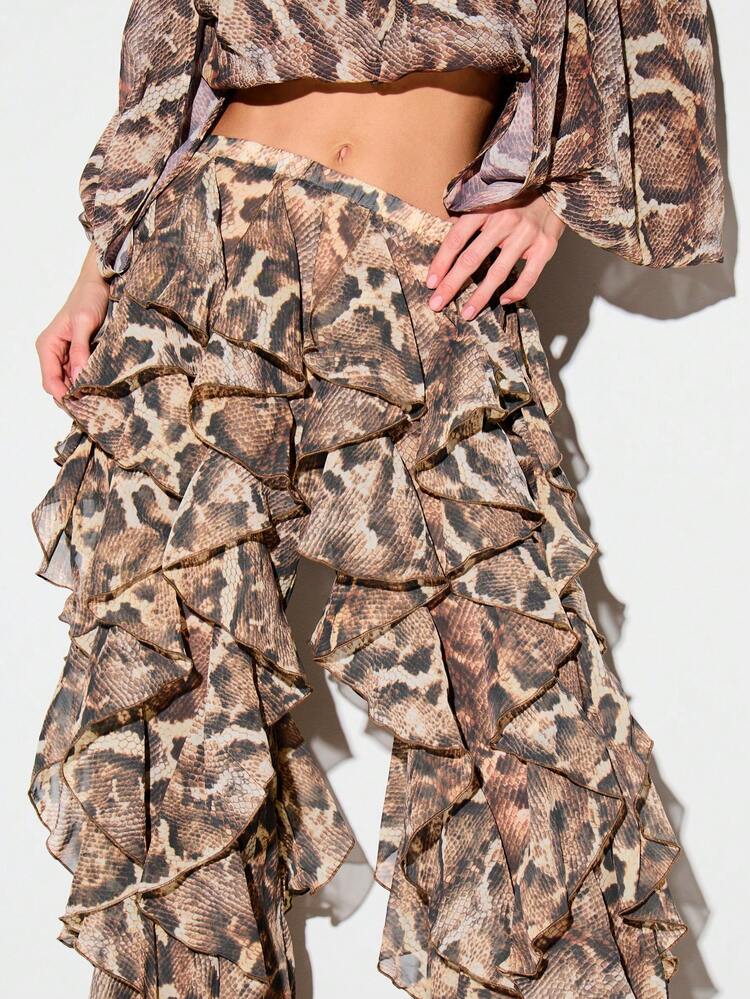 KIZN Snake Print Chiffon Ruffle Flare Pants