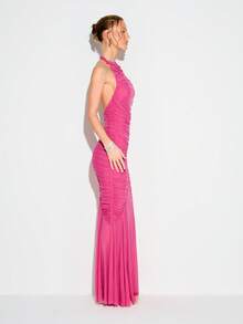 KIZN Vestido largo de cóctel con cuello halter fruncido, silueta ajustada y bajo de cola de sirena fluido para ocasiones formales y de cóctel - Rosa - Ver 4